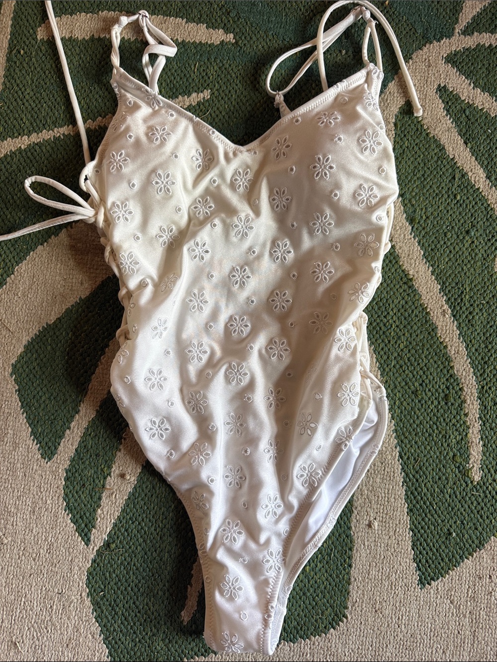 NWT p2f White Eyelet One Piece lace up Swimsuit with Adjustable Ties small